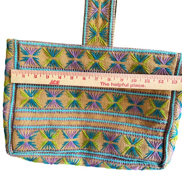 VTG Embroidered Burlap Jute Purse Bag Women Multicolor Crewel Folk Boho Beach - Picture 5 of 7